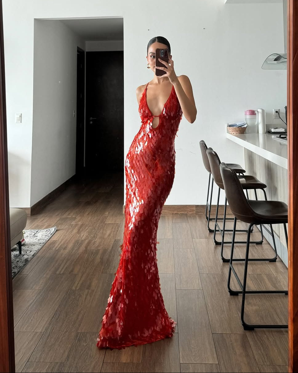 Red sequin mermaid maxi dress, full-length view