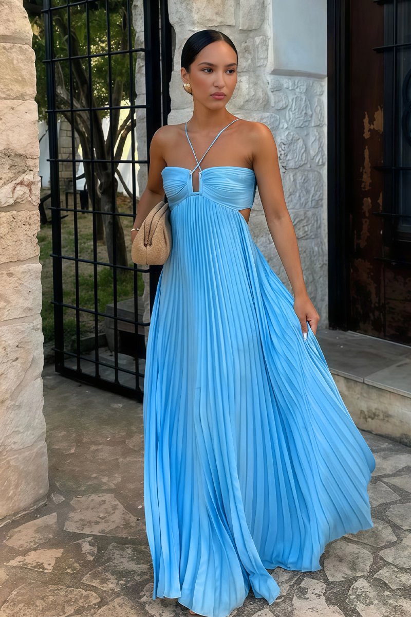 Satin halter pleated A-line maxi dress in blue, open-back design, elegant formal style