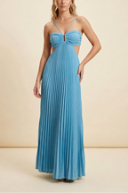 Satin halter A-line maxi dress in blue, pleated halter neckline, maxi length