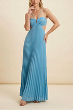 Blue satin halter maxi dress, flowing silhouette, open-back elegant design