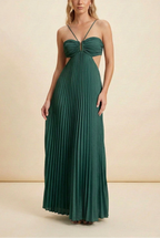 Dark green satin halter pleated A-line maxi dress, open back, wedding occasion