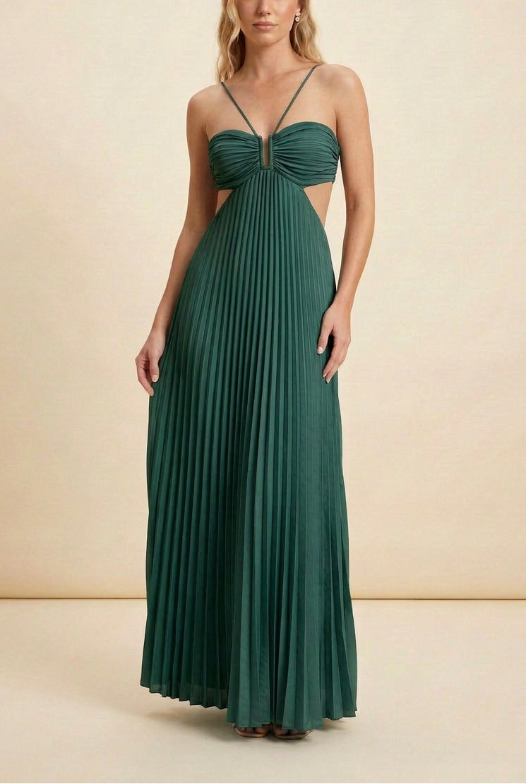 Dark green satin halter pleated A-line maxi dress, open back, wedding occasion