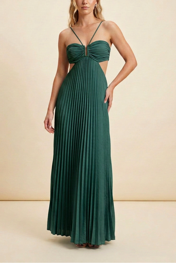 Satin halter maxi dress dark green, A-line silhouette, flowing maxi hem