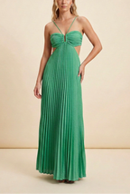 Green satin halter pleated A-line maxi dress, open-back design, formal occasion