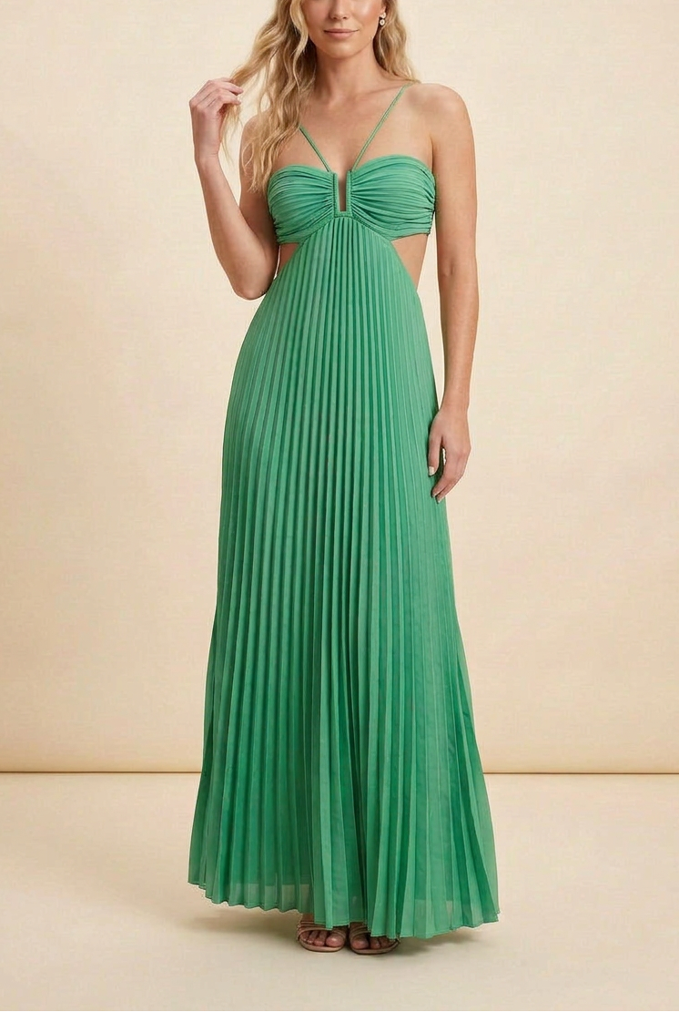Satin halter maxi dress in green, flowing pleated silhouette, elegant formal style