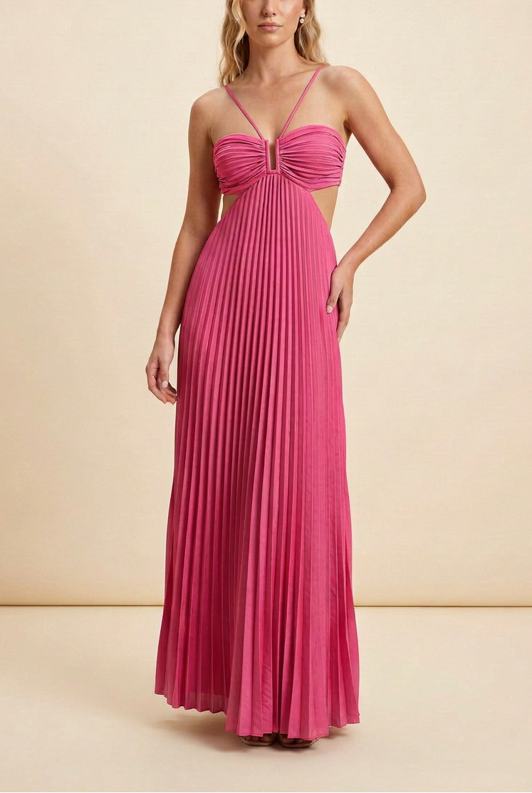 Pink satin halter pleated A-line maxi dress, open-back style, summer wedding look