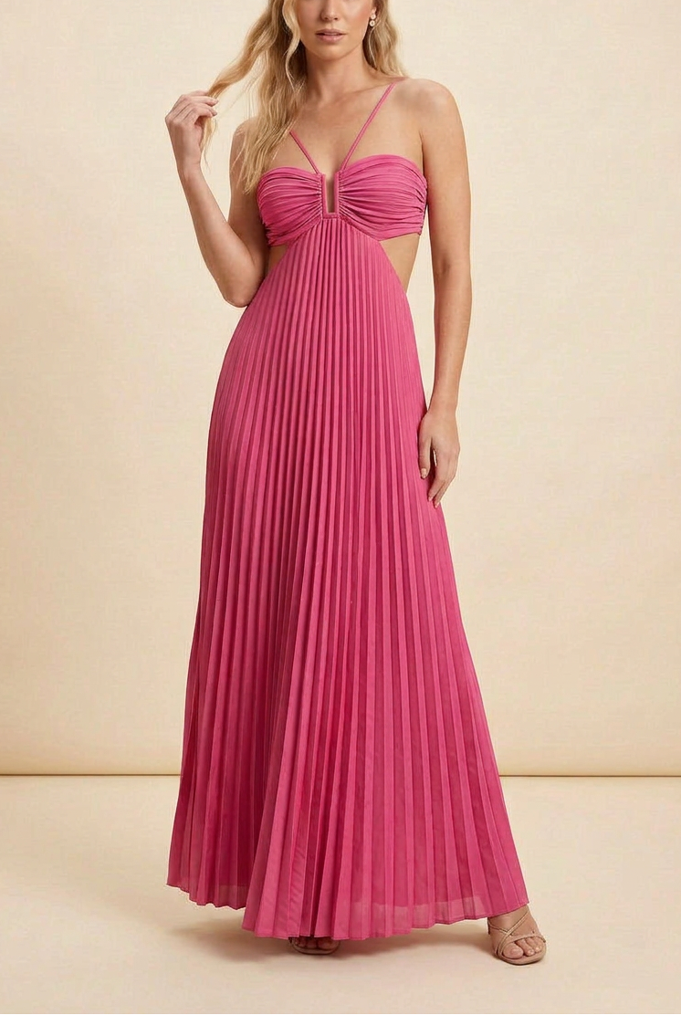Satin halter maxi dress in pink, flowing A-line silhouette, elegant formal occasion