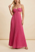 Satin halter maxi dress in pink, flowing A-line silhouette, elegant formal occasion