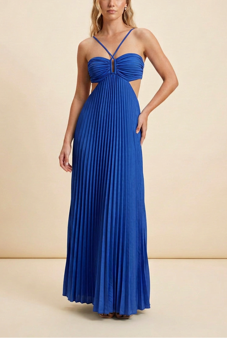 Satin halter A-line maxi dress in navy, pleated neckline, elegant flowing silhouette