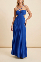 Satin halter A-line maxi dress in navy, pleated neckline, elegant flowing silhouette