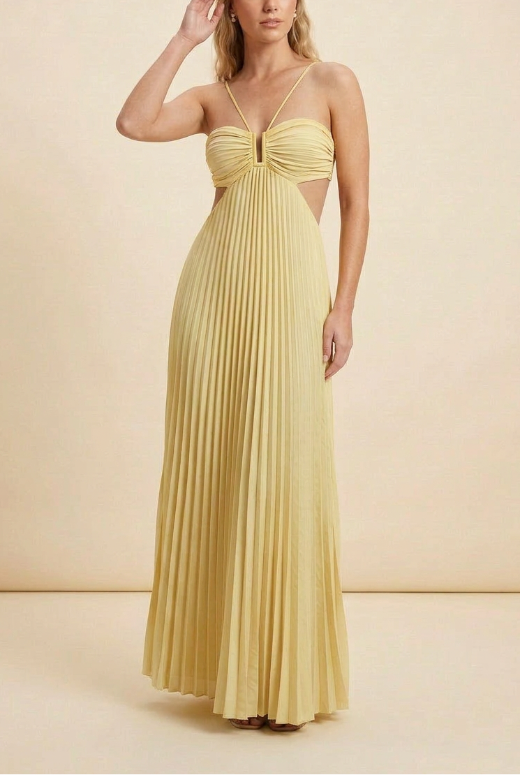 Yellow satin halter pleated maxi dress, A-line silhouette, summer wedding style
