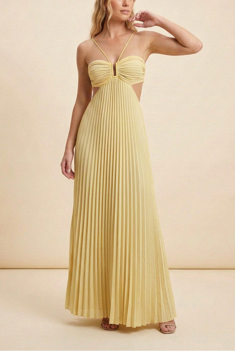 Satin halter maxi dress in yellow, pleated bodice, open-back, flowing A-line hem