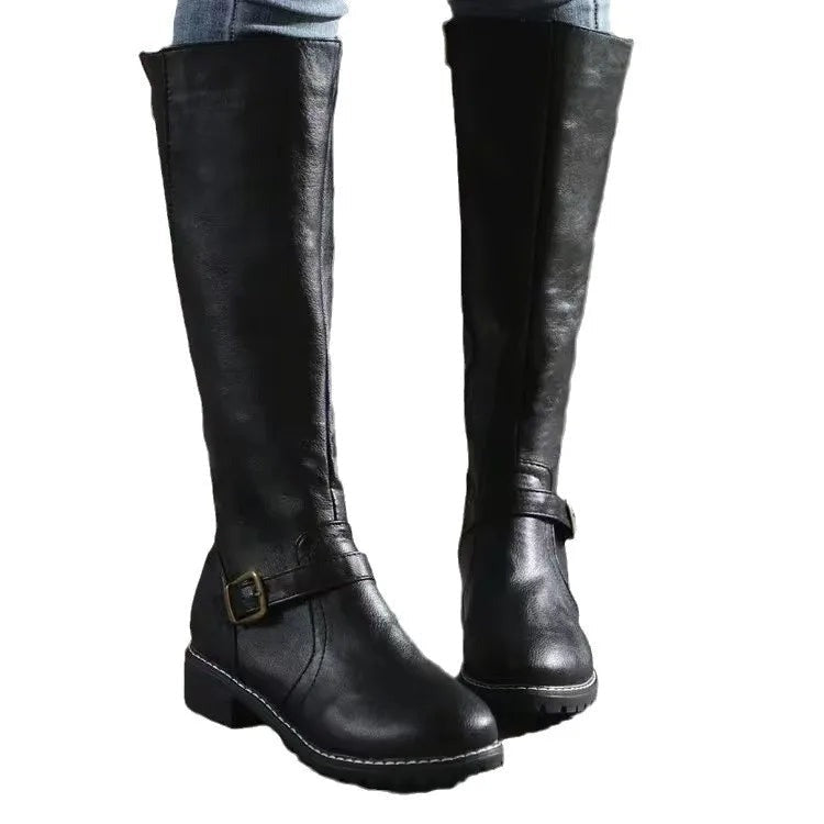 Knee high boots faux leather round toe detail