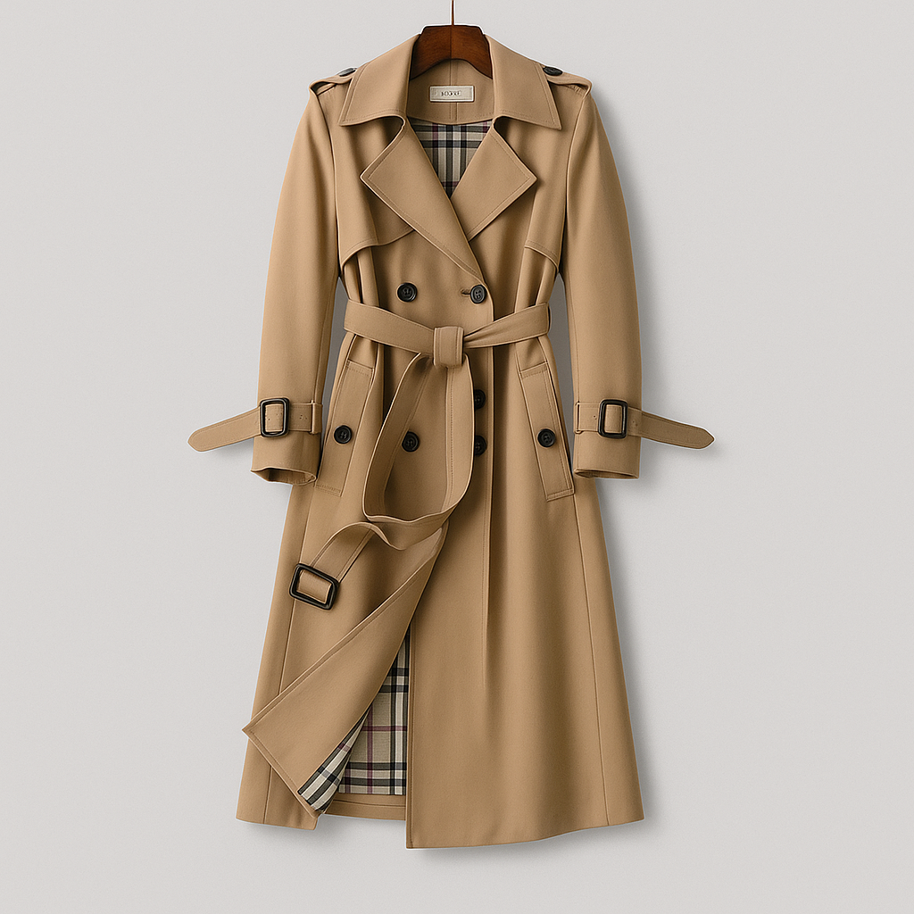 Khaki belted trench coat for women with tie waist