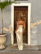 Cream strapless satin maxi dress full length