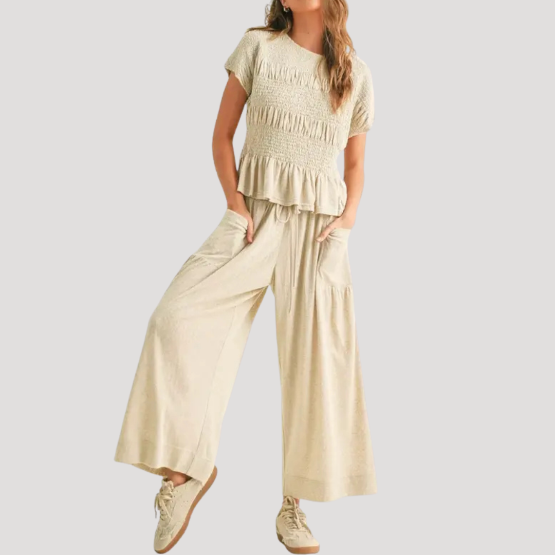 Peplum wide-leg two-piece set in Apricot