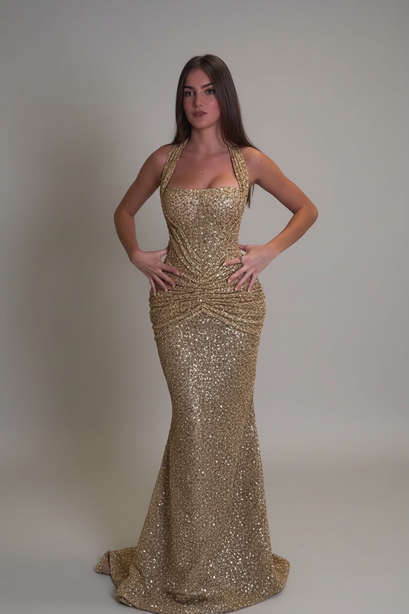 Gold sequin halter mermaid gown