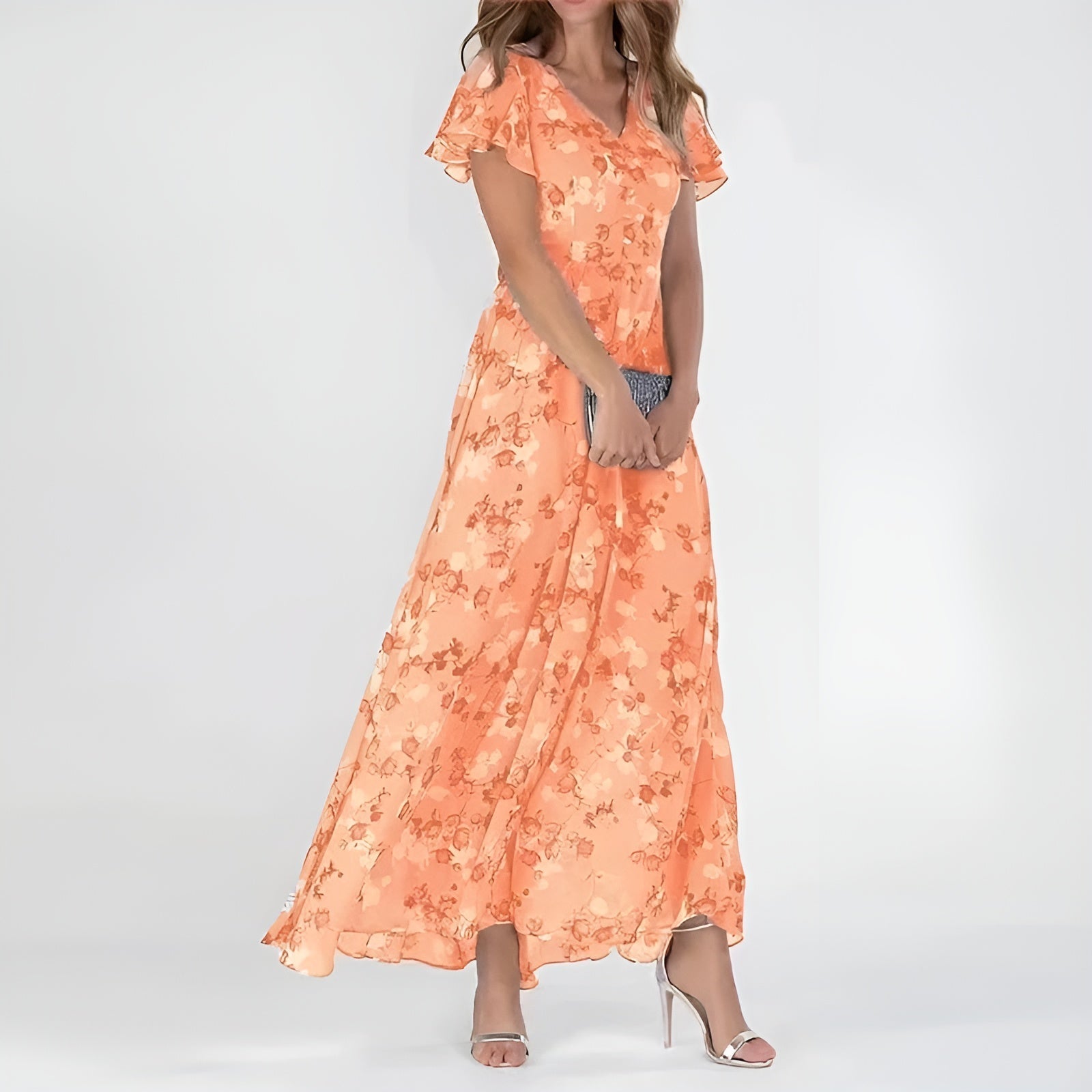 Orange floral maxi dress with flutter sleeves