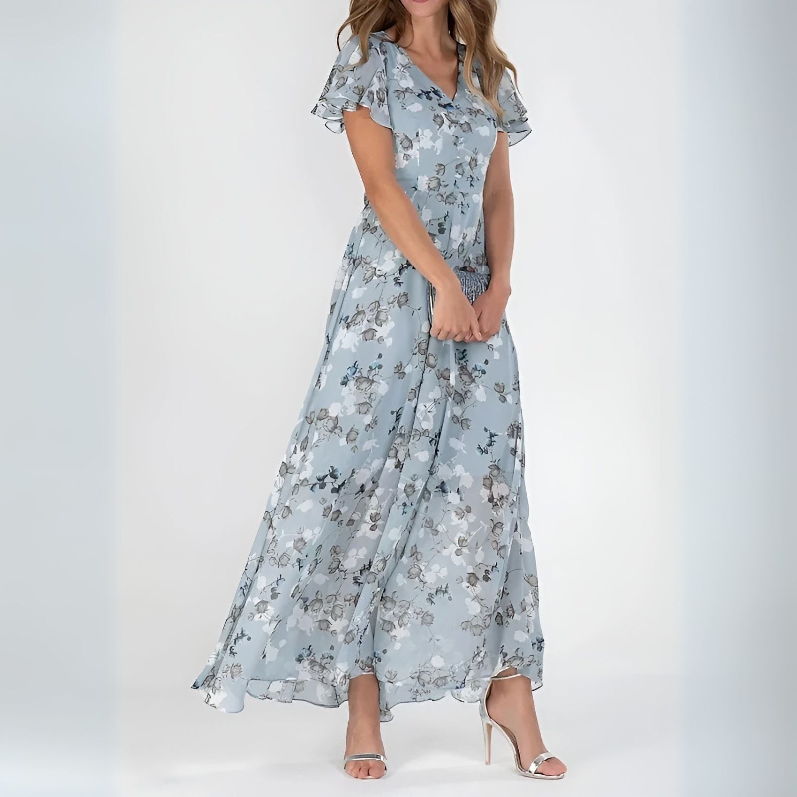 Blue floral maxi dress with flutter sleeves