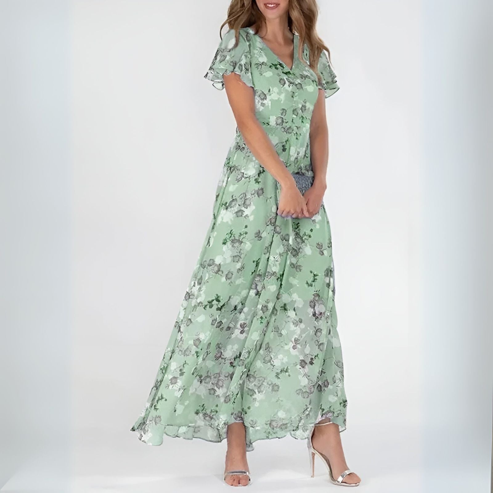 Green floral maxi dress with flutter sleeves