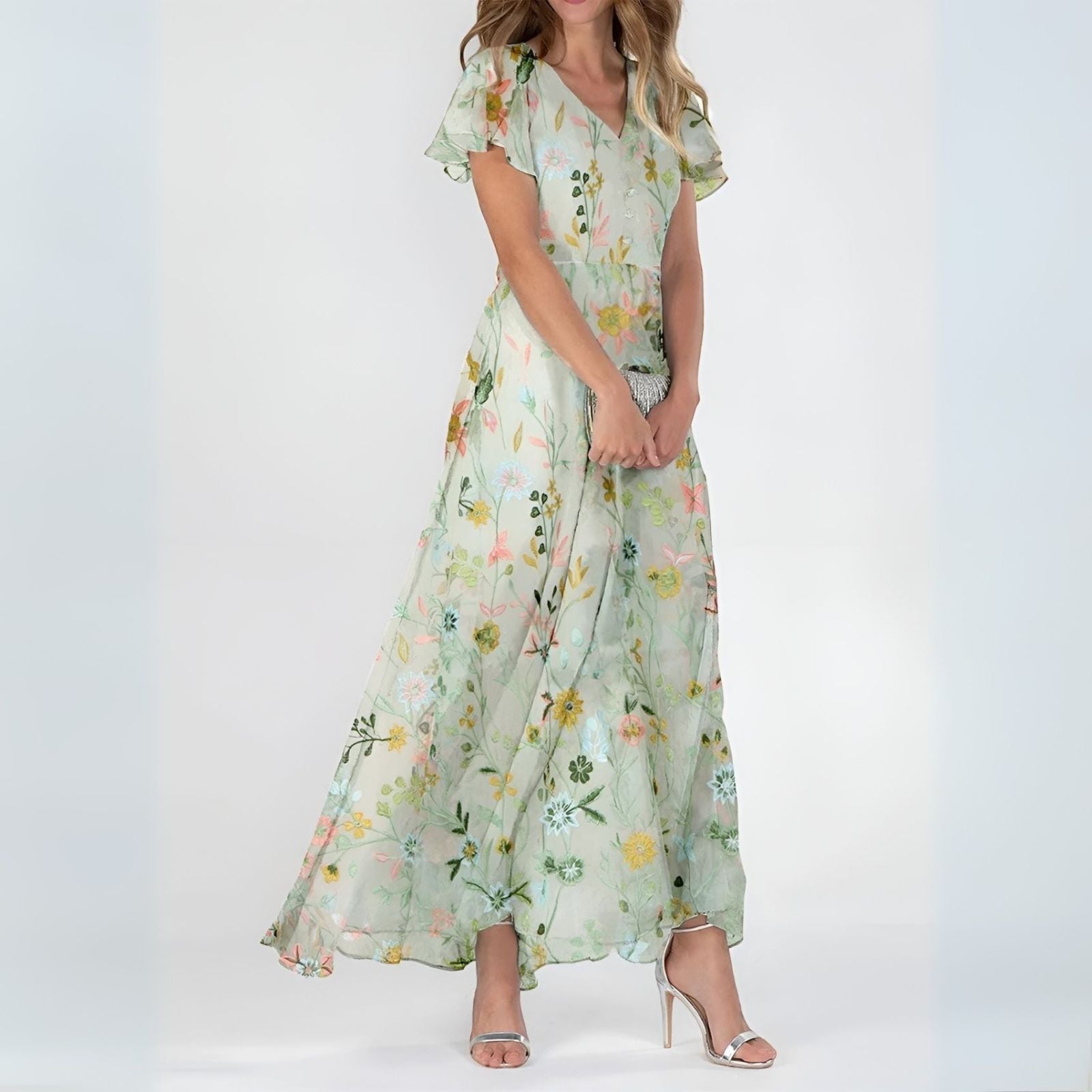 Light Green floral maxi dress with flutter sleeves