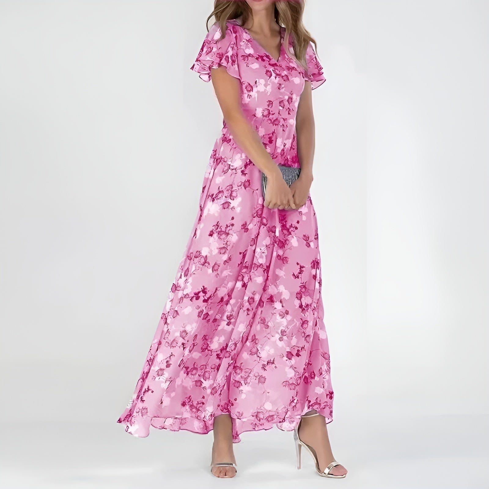 Pink floral maxi dress with flutter sleeves