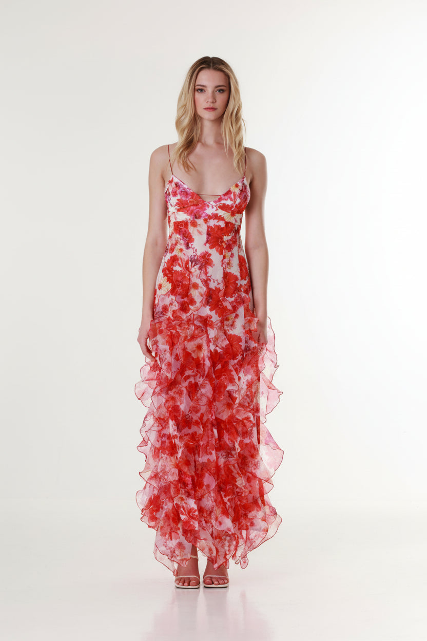Red floral ruffle maxi dress styled