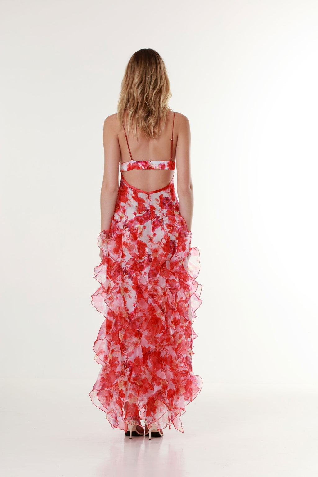 Red floral ruffle maxi dress back view