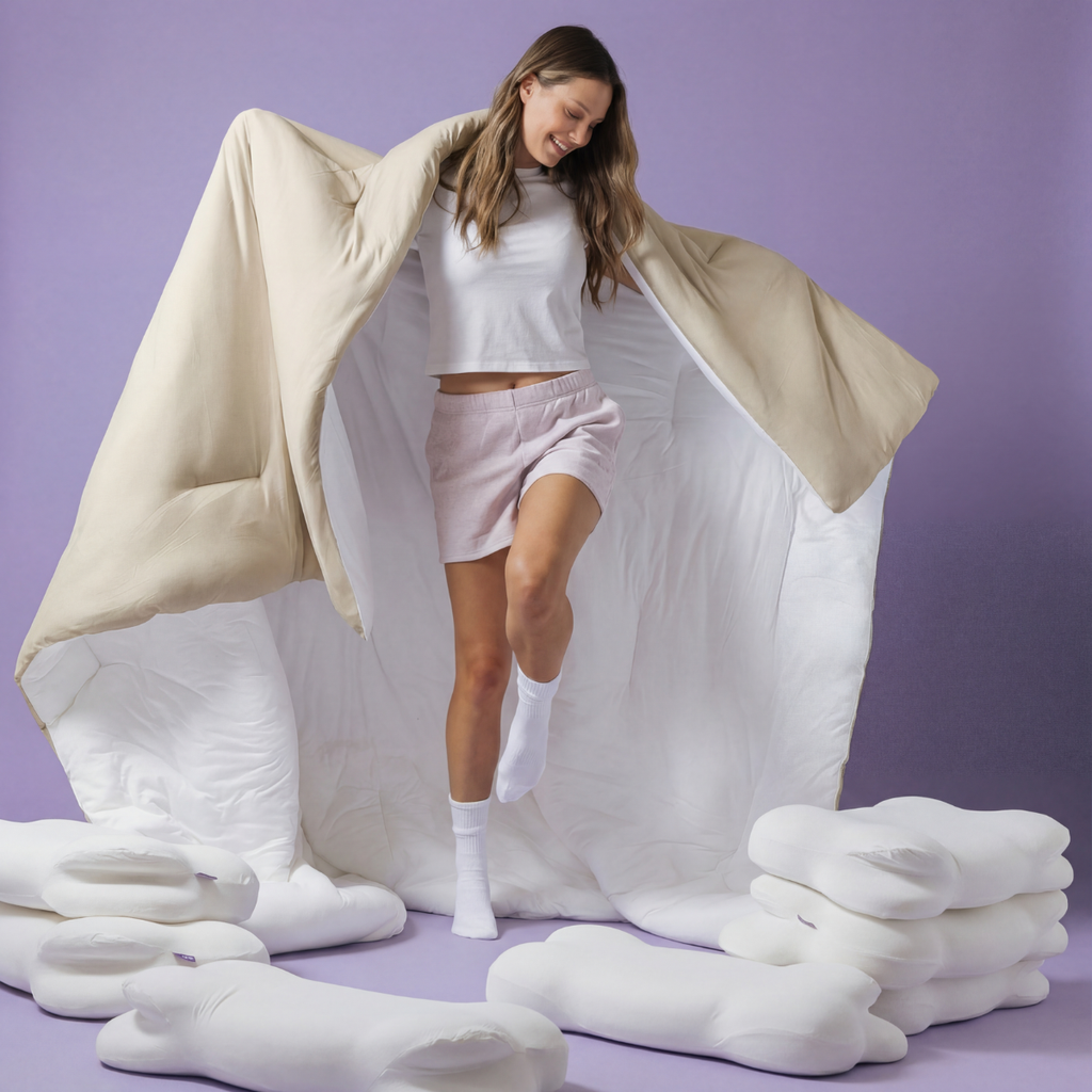 The Meringue Comforter in Sand, held open