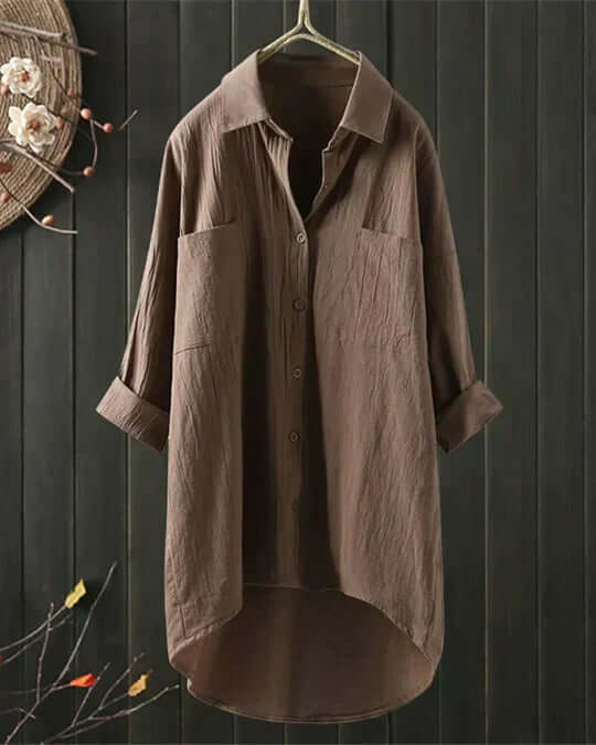 Khaki button-down long sleeve blouse