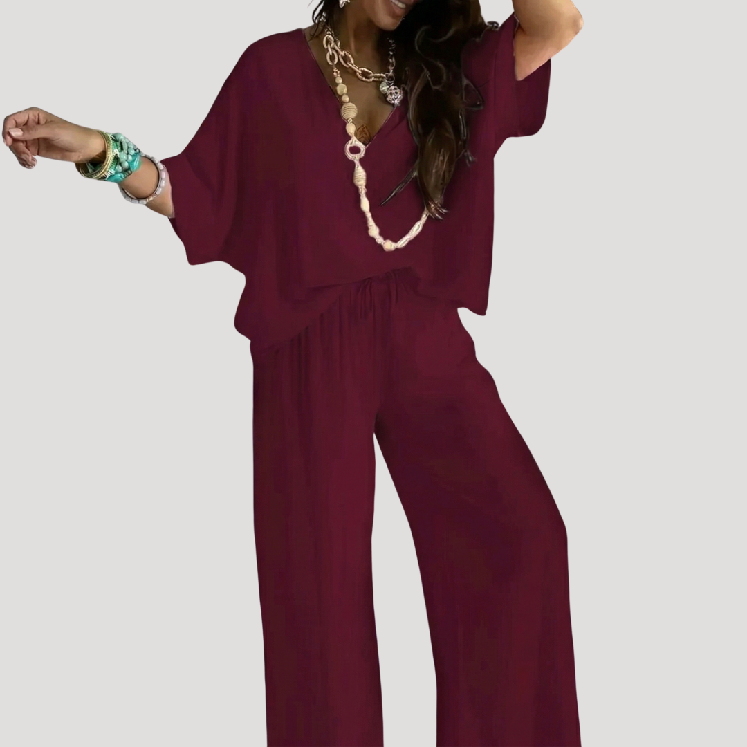 Wide-leg two-piece trouser set in burgundy