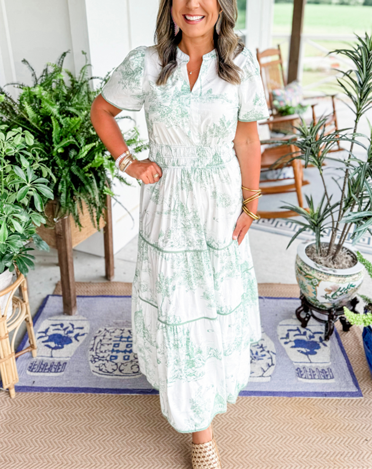Green toile print maxi dress