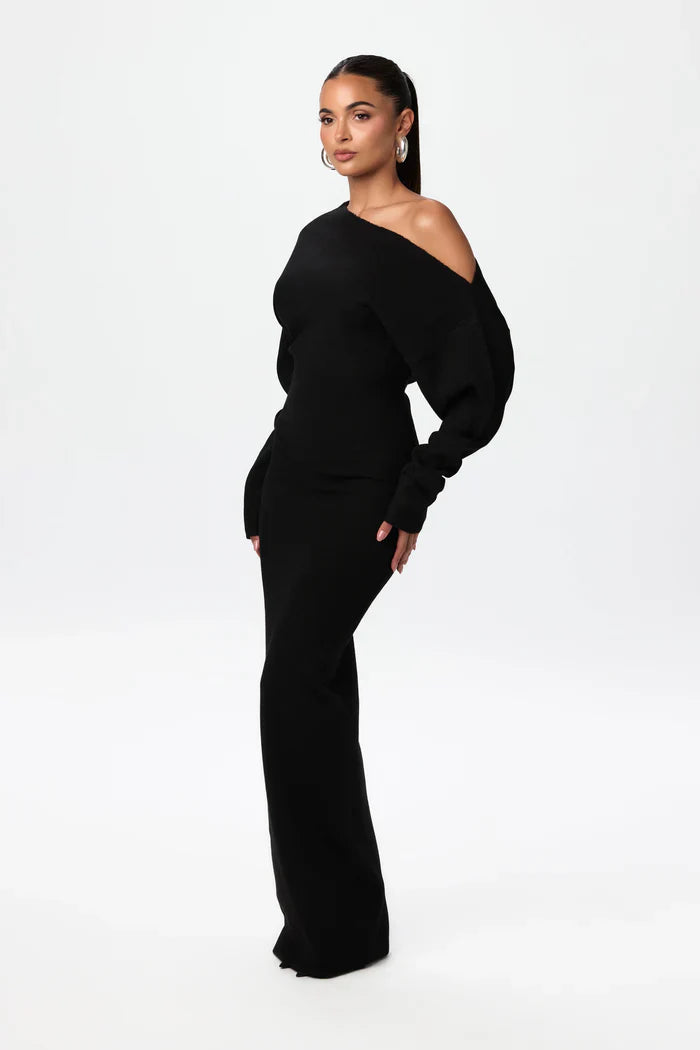 Off-shoulder knit maxi dress in Black