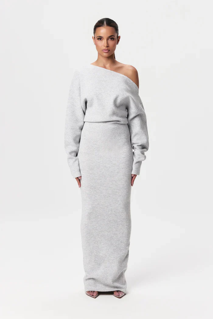 Off-shoulder knit maxi dress in Grey