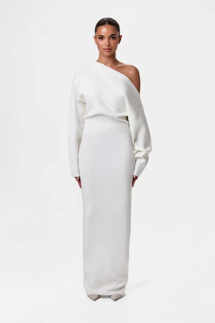 Off-shoulder knit maxi dress in White