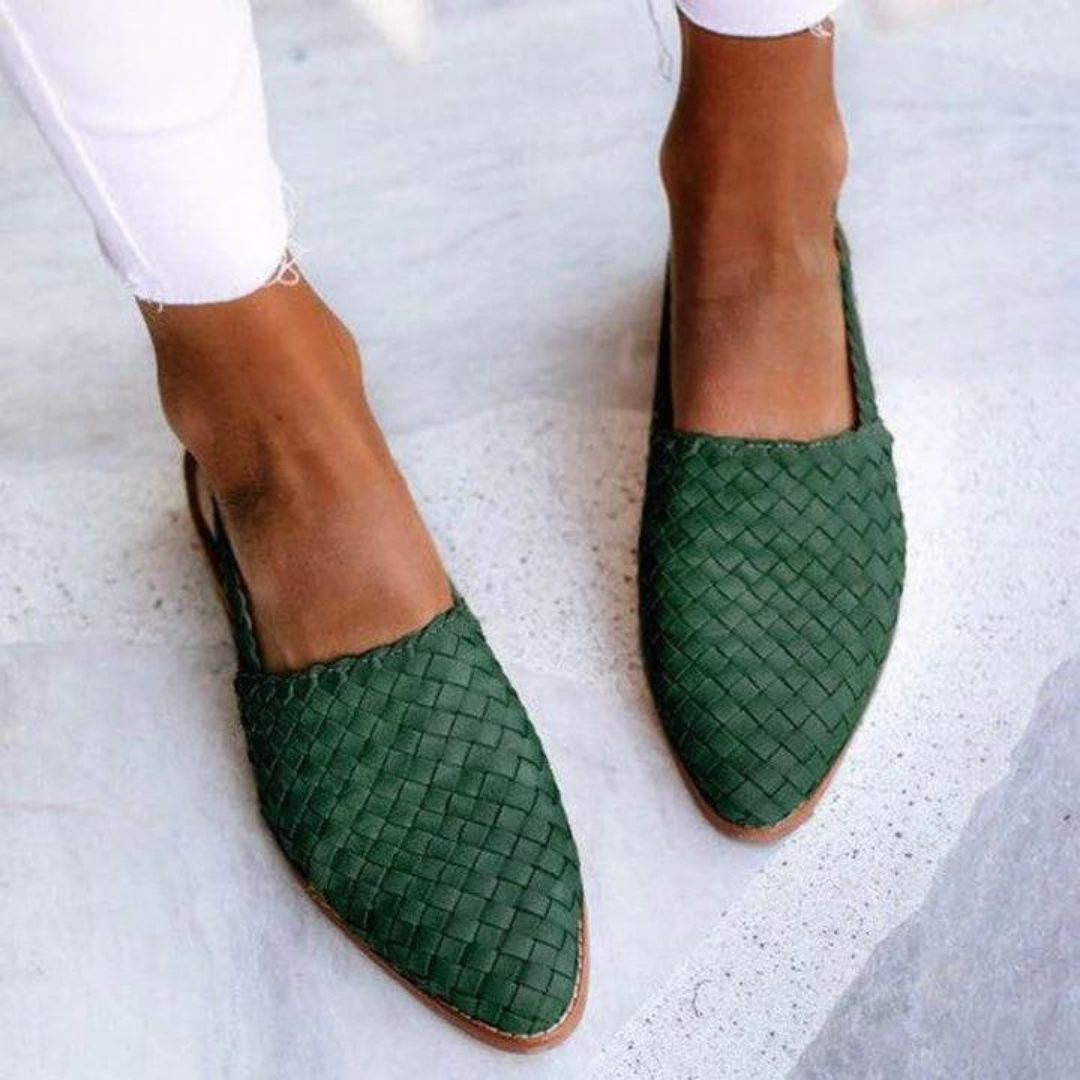 Green woven vegan leather ballet flats