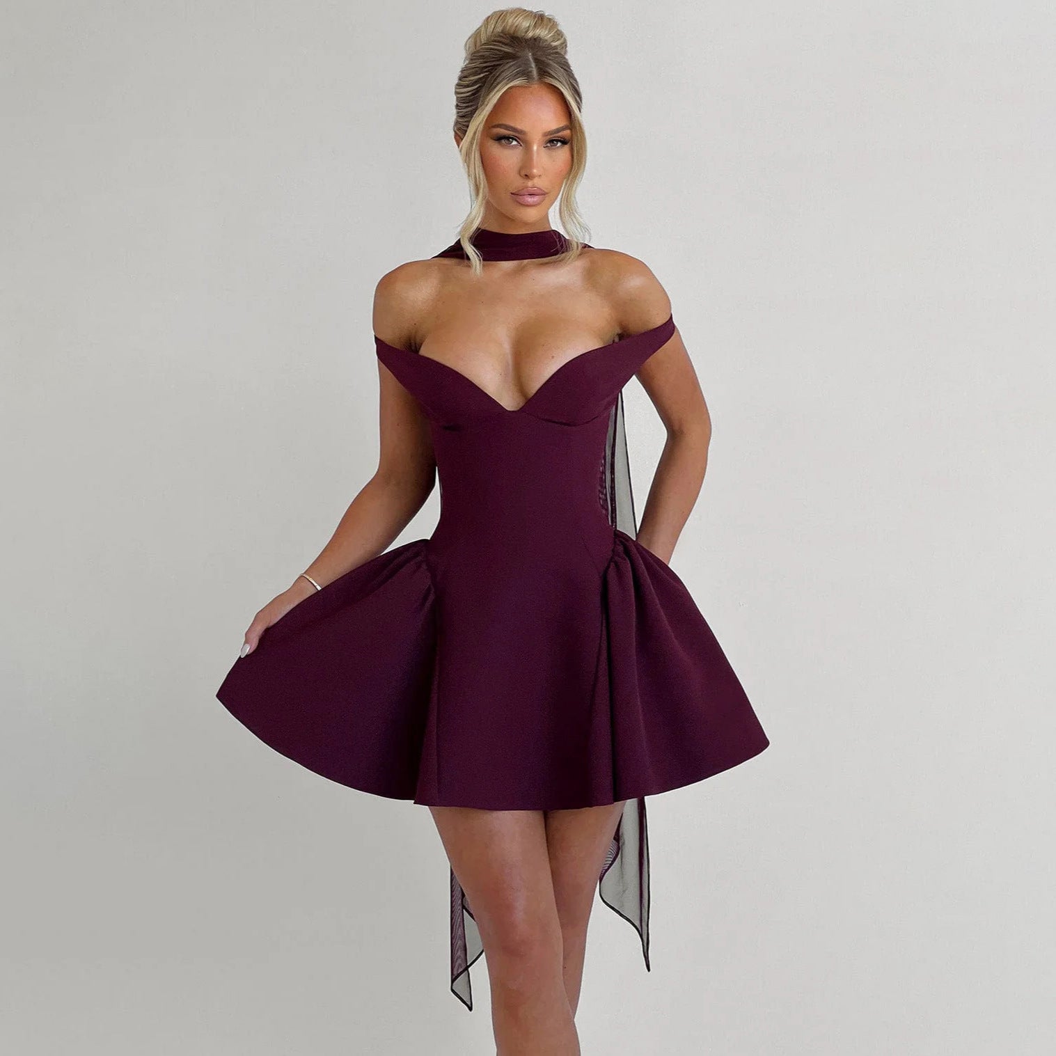 Wine Red satin off-shoulder cocktail dress