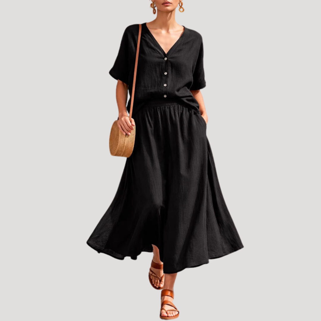 Button-front midi skirt set in black