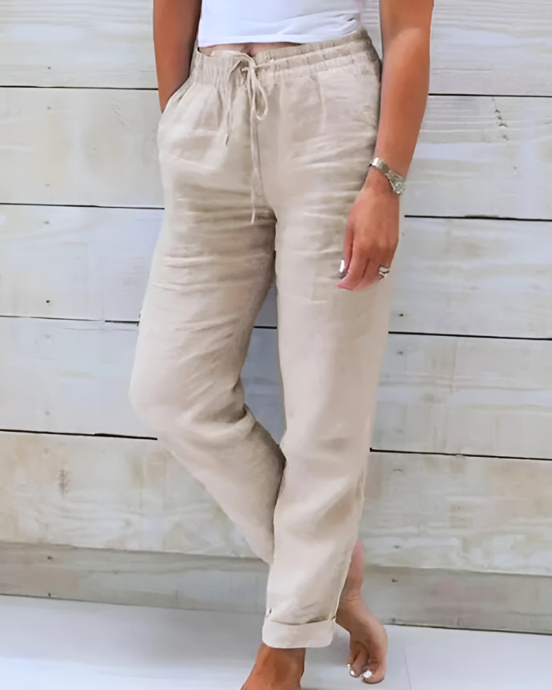 Beige cotton elastic-waist trousers