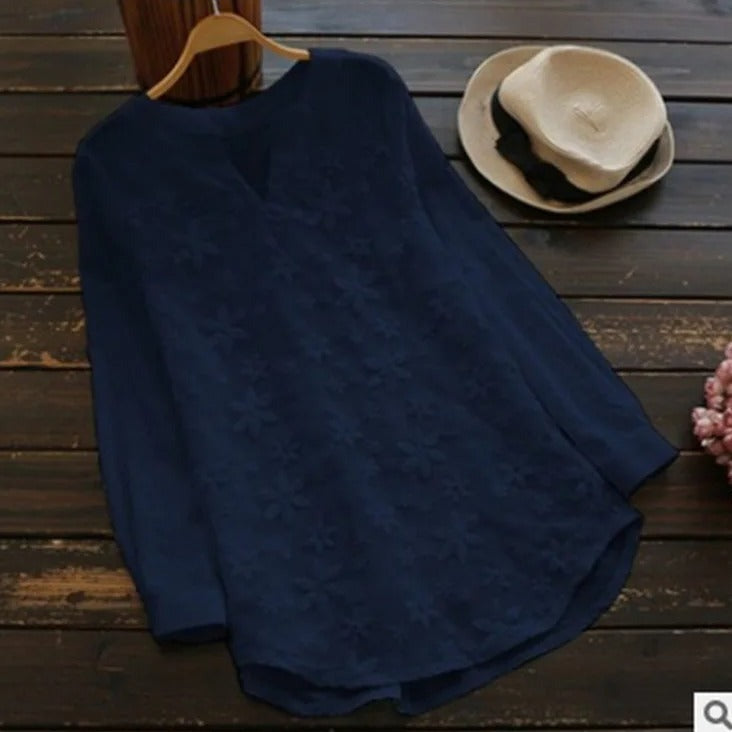 Blue round neck long sleeve blouse