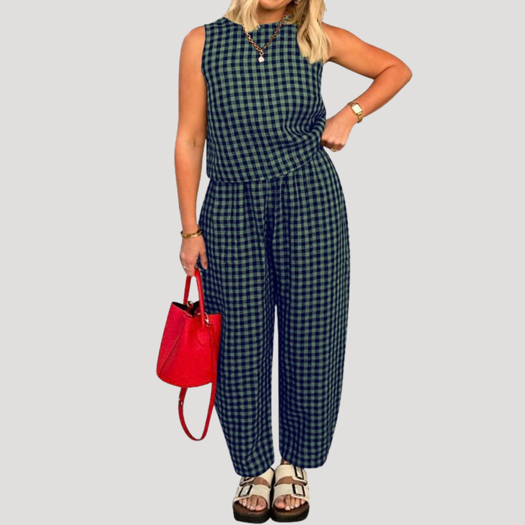 Dark Green sleeveless wide-leg two-piece set