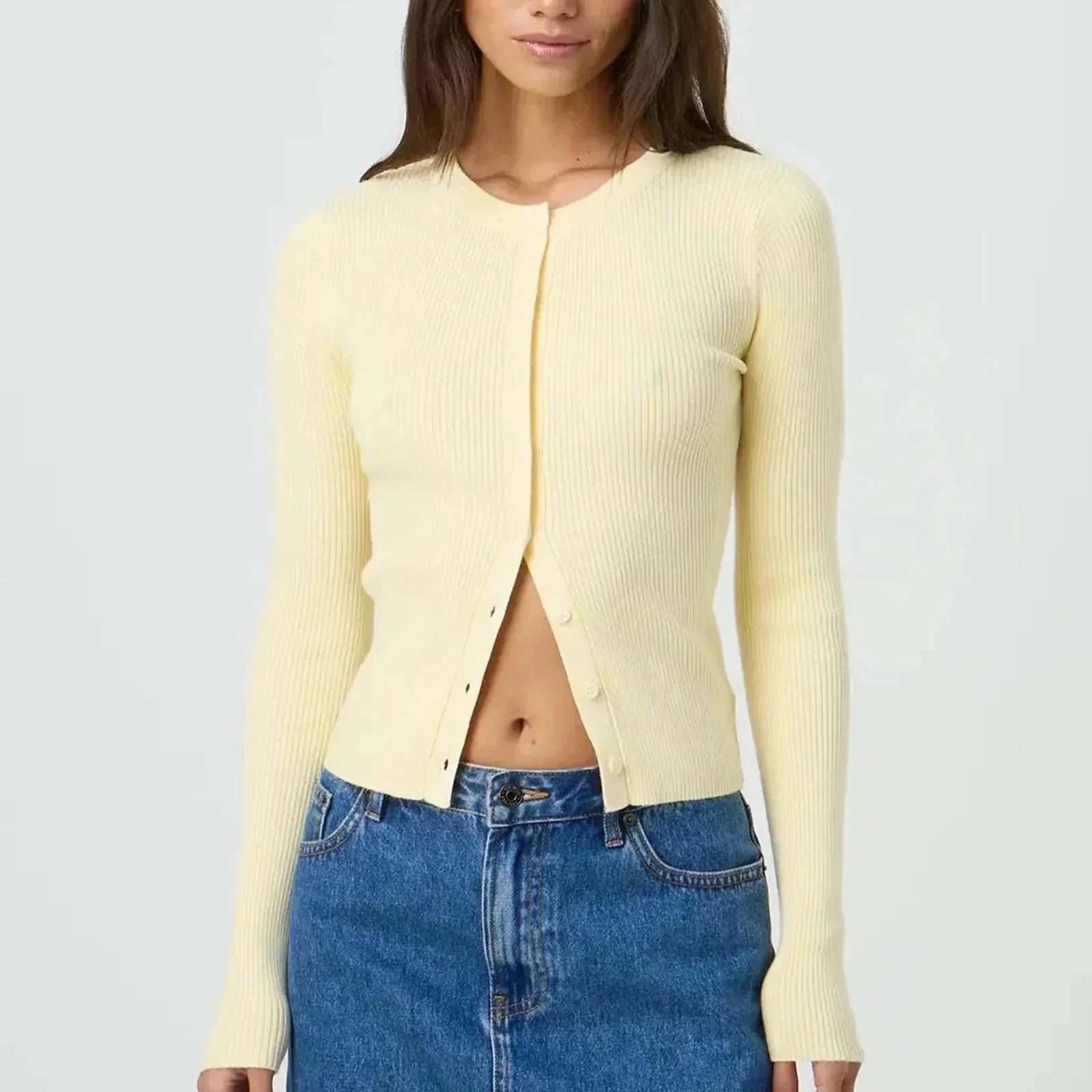 Yellow fitted cardigan for women with long sleeves