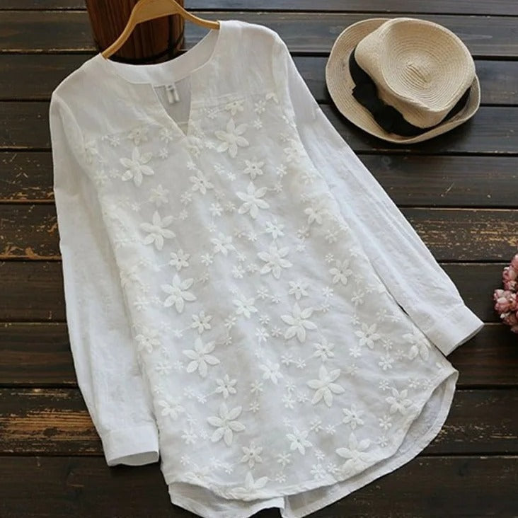 White round neck long sleeve blouse