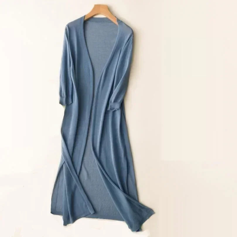 Blue open-front long sleeve cardigan