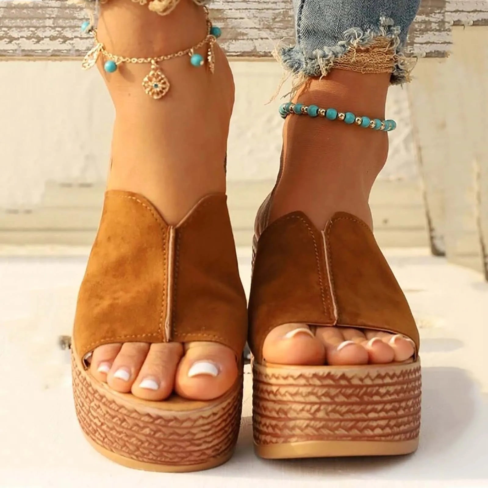 Brown wedge sandals detail