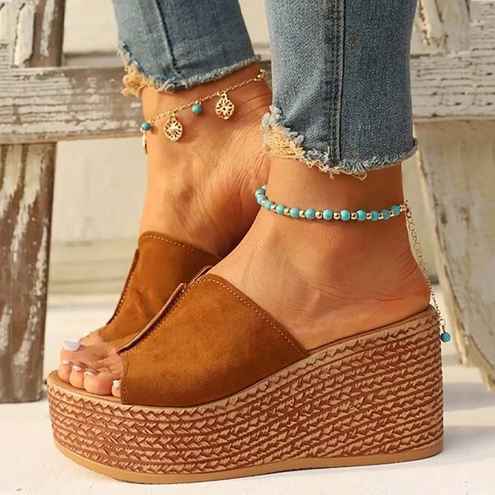 Brown wedge sandals back view