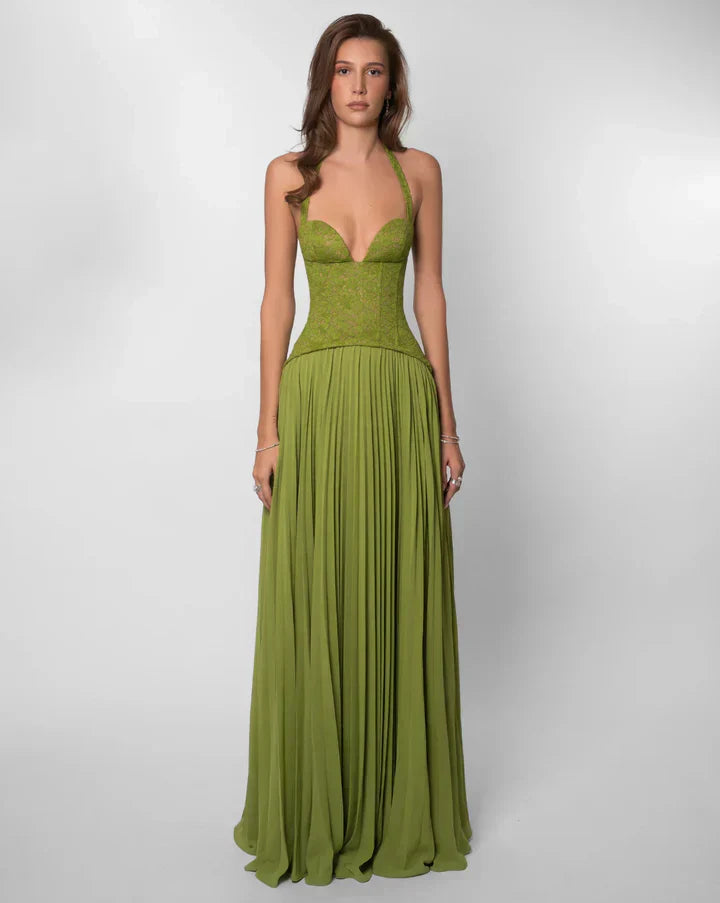 Green halter neck pleated maxi dress