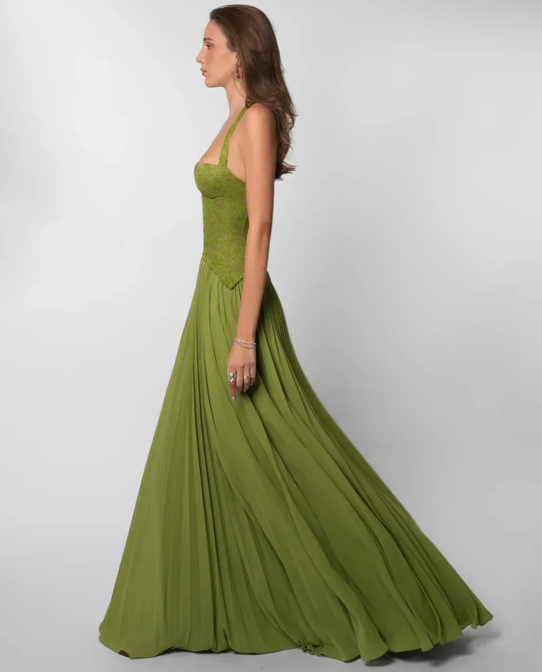 Green halter maxi dress back view