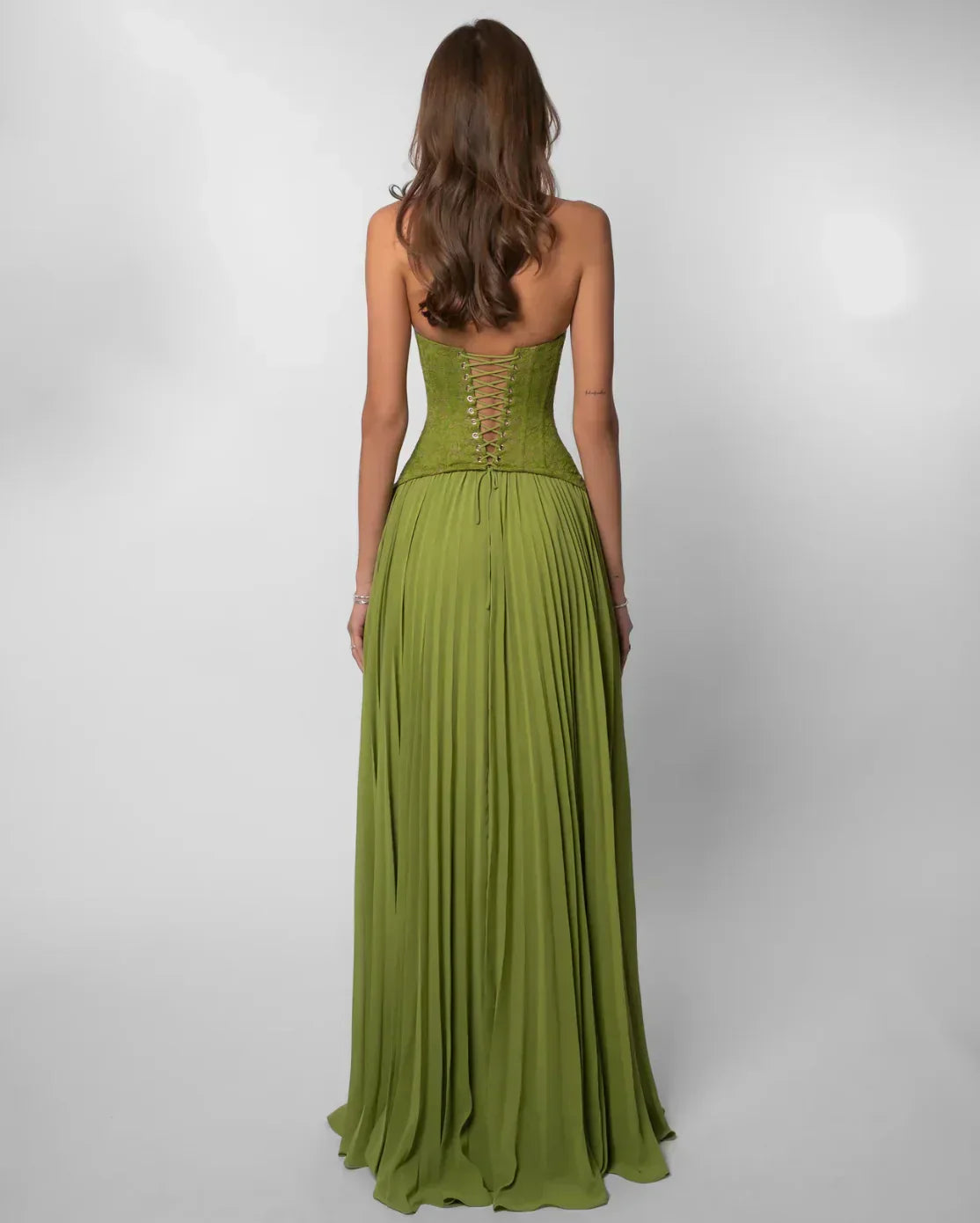 Green pleated maxi dress full length