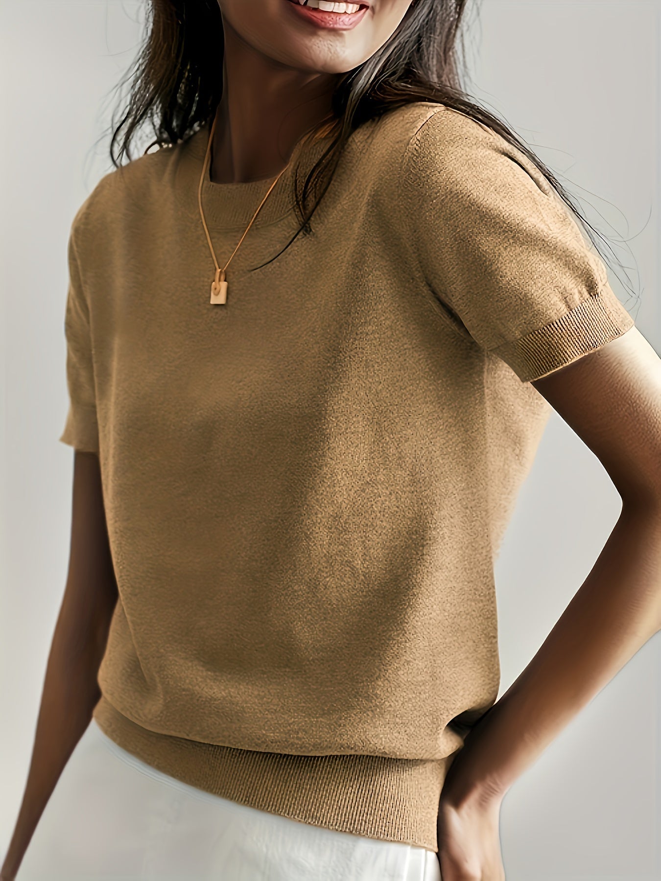 Beige short sleeve knit sweater